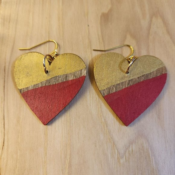 Earrings red gold heart wood - Picture 3 of 7